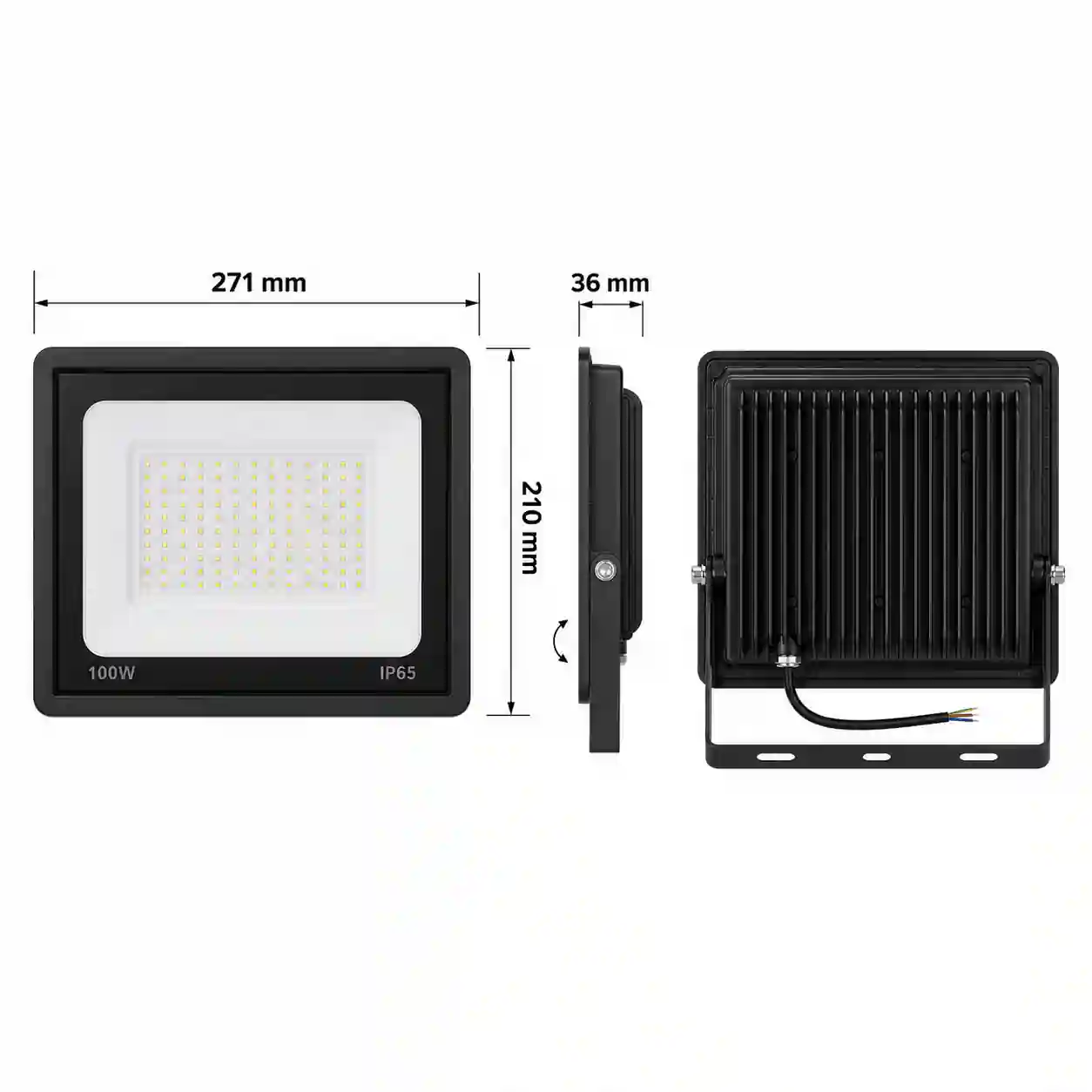 Rozměrový nákres LED reflektoru LEVE 100W s hodnotami 271 x 210 x 36 mm a montážním třmenem